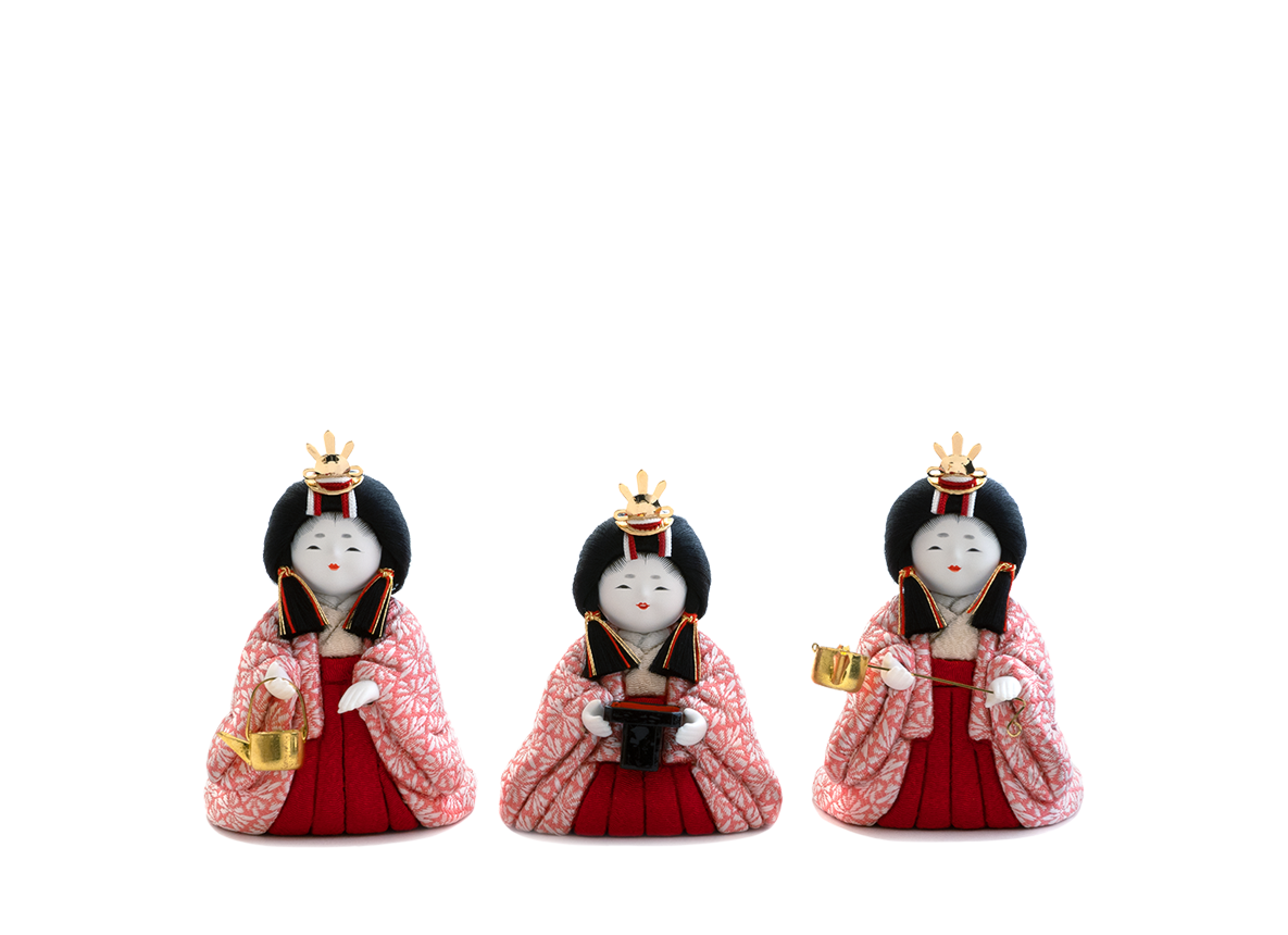 雛人形　三人官女　ベージュ地に花柄飾り物