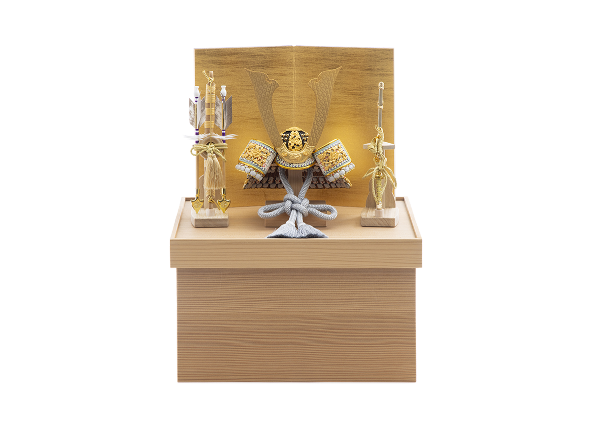 淡色糸縅の兜8号 杉製収納箱セット