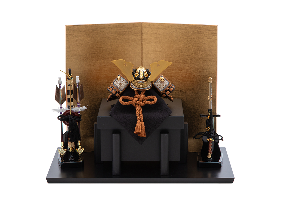 一閑張 江戸茶色縅の兜5分の1  屏風セット