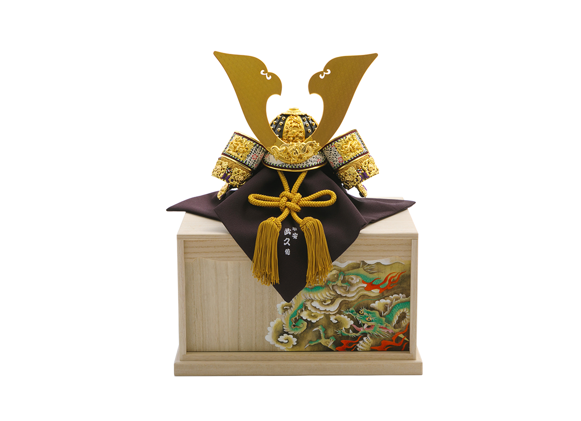 雲龍彫金錆朱縅の兜 12号 龍桐箱付き